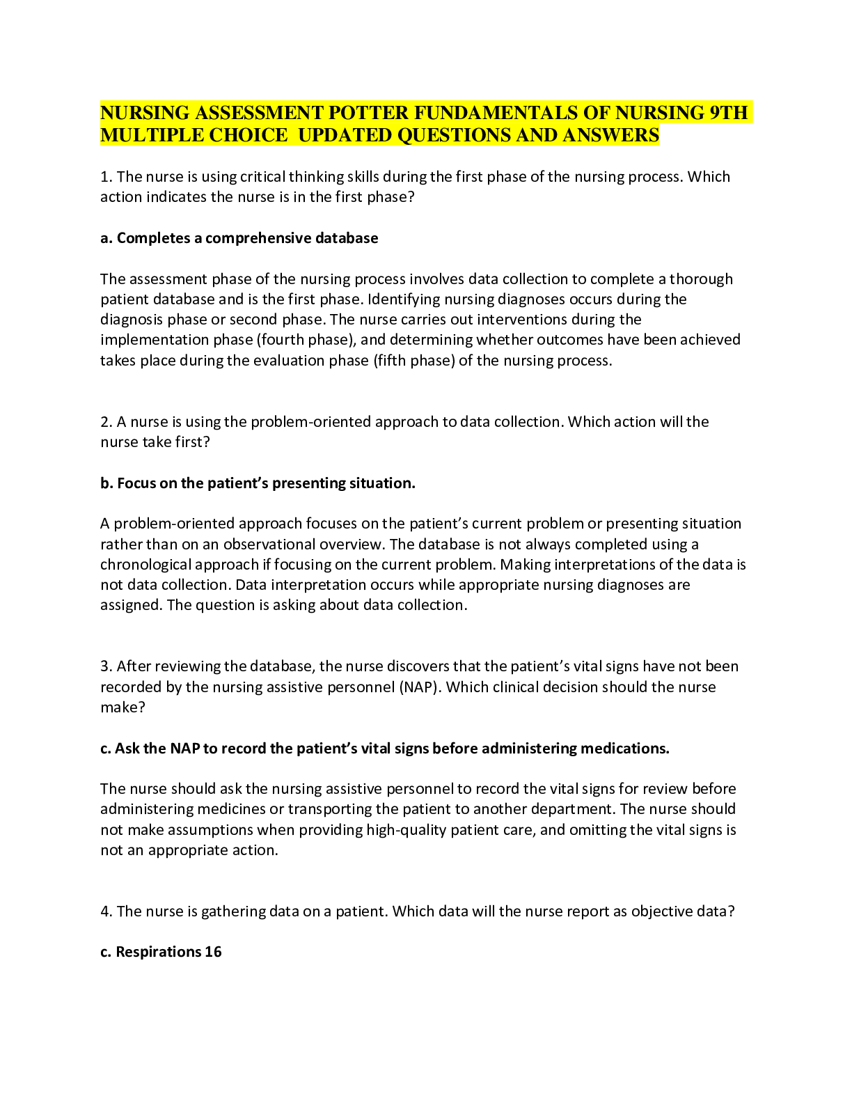 Preview image for NURSING ASSESSMENT POTTER FUNDAMENTALS OF NURSING 9TH MULTIPLE CHOICE  UPDATED QUESTIONS AND ANSWERS